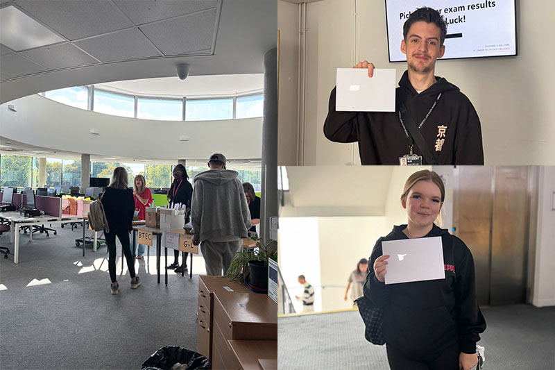 3 pictures showing students picking up their results